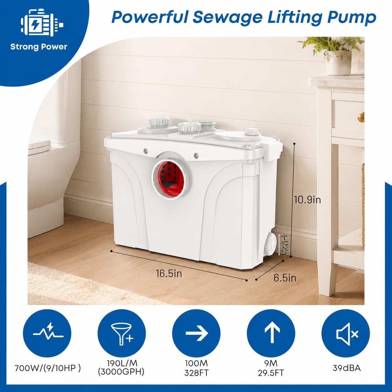Dreamsani 700W Macerator Pump for Upflush Toilet, Energy-Saving Pump,Waste Water Disposal Pump Toilet Sink Shower Laundry Kitchen Basement