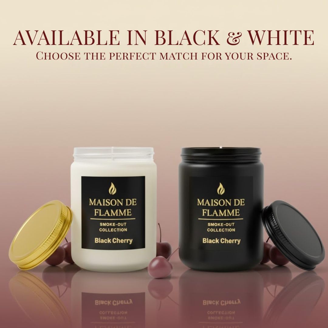 MAISON DE FLAMME Black Cherry Odor-Eliminating Scented Candle, 200g/7oz White Jar – Long-Lasting Soy Wax Blend Candle for Smoke, Kitchen & Home Odors