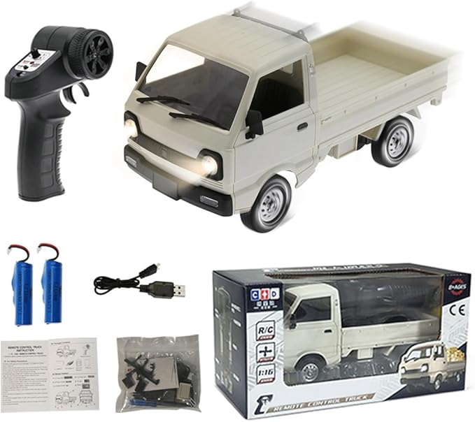 WPL D12mini 1/16 RC Mini Drift Climbing Truck with Front Light 2.4G Remote Control Car Kei Off Road Truck DIY Rear Drive Hobby Grade Toy 20 Minutes Runtime - Double Batteries