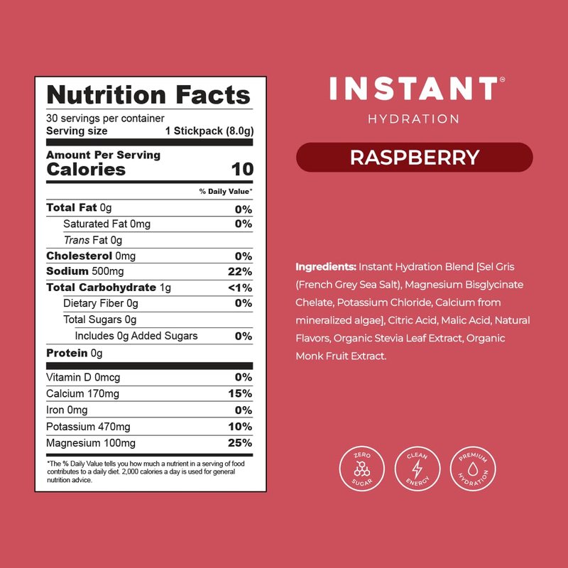 Instant Hydration Electrolytes Powder Packets - Raspberry Electrolyte Drink Mix - Zero Sugar - Keto, Vegan, Gluten-Free, Non-GMO - Boost Recovery, Brain Health, Muscle & Tissue Support- 30 Sticks