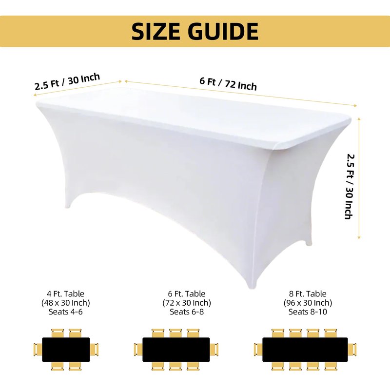 ZarzaaSik 6-Pack 6ft White Spandex Table Covers for Rectangle Standard Folding Tables - Wrinkle Resistant Stretch Tablecloths - Ultimate Fitted Table Protector for Parties, Trade Shows, Wedding