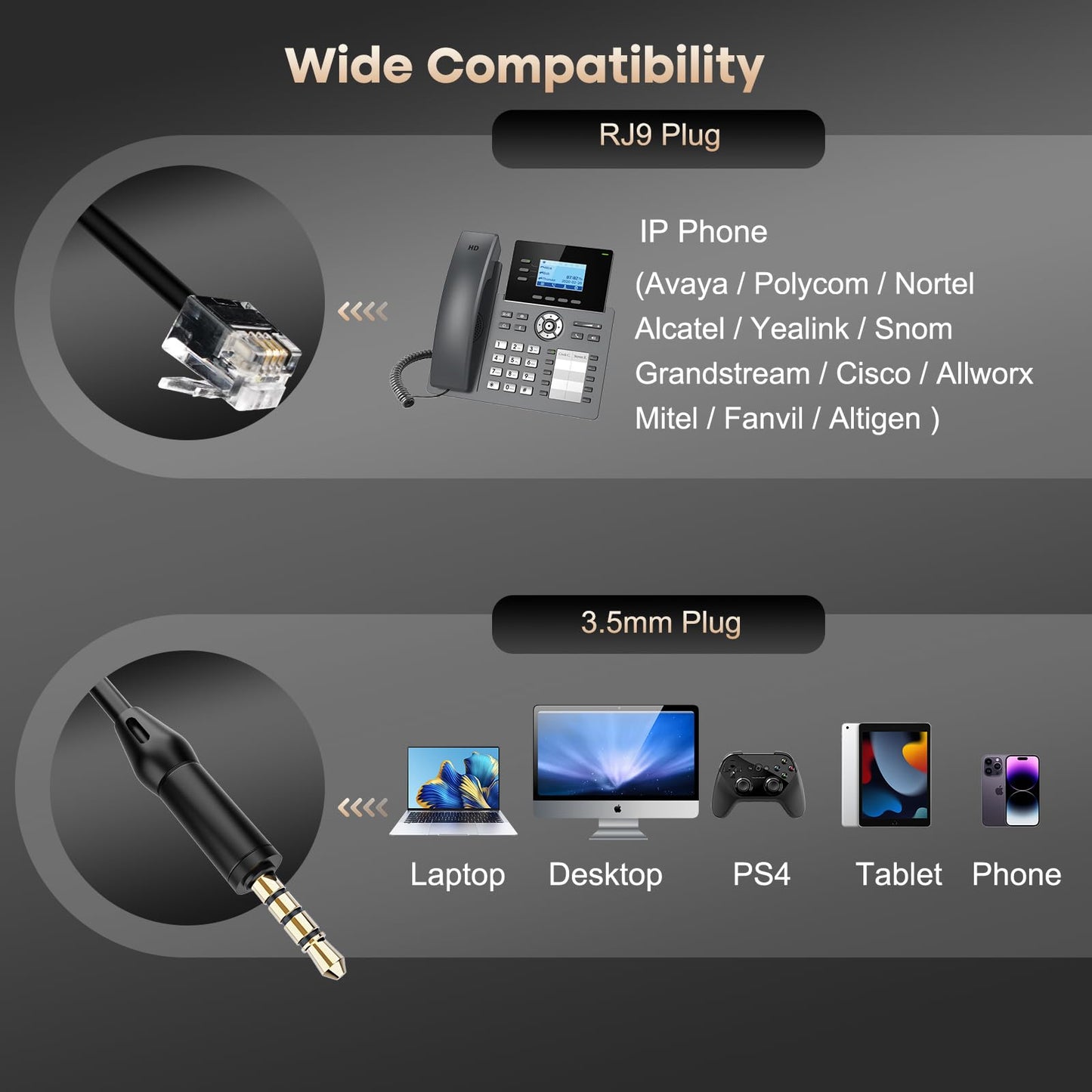 Telephone Headset with RJ9 for Cisco Phone Call Center Headset with Noise Cancelling Microphone with Extra 3.5mm Connector for Mobiles