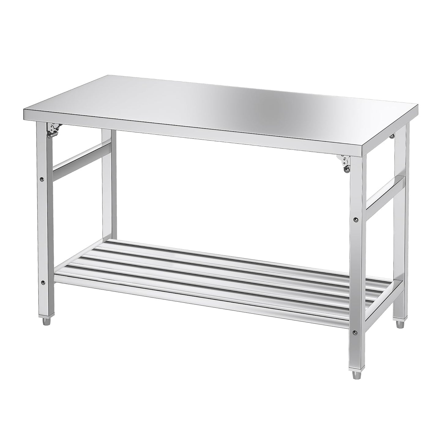 Mioleu Commercial Foldable Heavy Duty Stainless Steel Table, 48 x 24 Inches Metal Prep & Work Desk with Adjustable UnderShelf and Feet for Kitchen Restaurant Home Garage Warehouse
