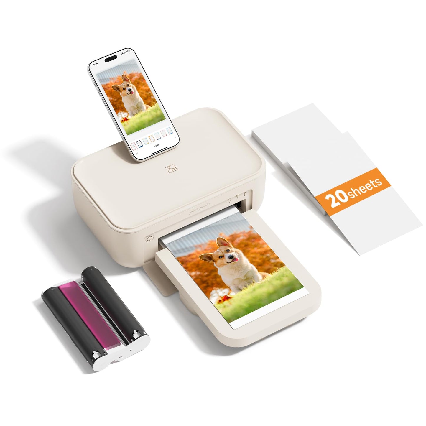 HPRT 4x6 Photo Printer, Full-Color Thermal Sublimation Wi-Fi Printing, Portable Instant Picture Printer for iPhone/Android, AR Video, Fun App, Home Use, Beige+20 Sheets Photo Paper & 1 Ribbons