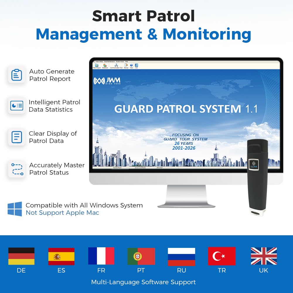 JWM RFID Guard Tour System with LCD Screen, Security Patrol Reader with Free Standalone Software for Hotel, Hospital, Warehouse and Logistics Security