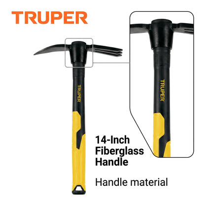 Truper Rapid Tiller, Digger Cultivator, 14-Inch Fiberglass Handle with Comfort Grip, Forged Steel Dual-Head Digging and Aerating Tool (Model RATI-F / 32739)