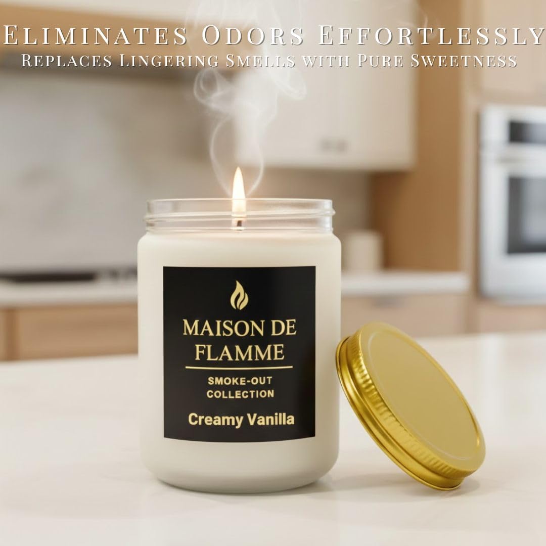 MAISON DE FLAMME Creamy Vanilla Odor-Eliminating Scented Candle, 200g/7oz White Jar – Long-Lasting Soy Wax Blend Candle for Smoke, Kitchen & Home Odors