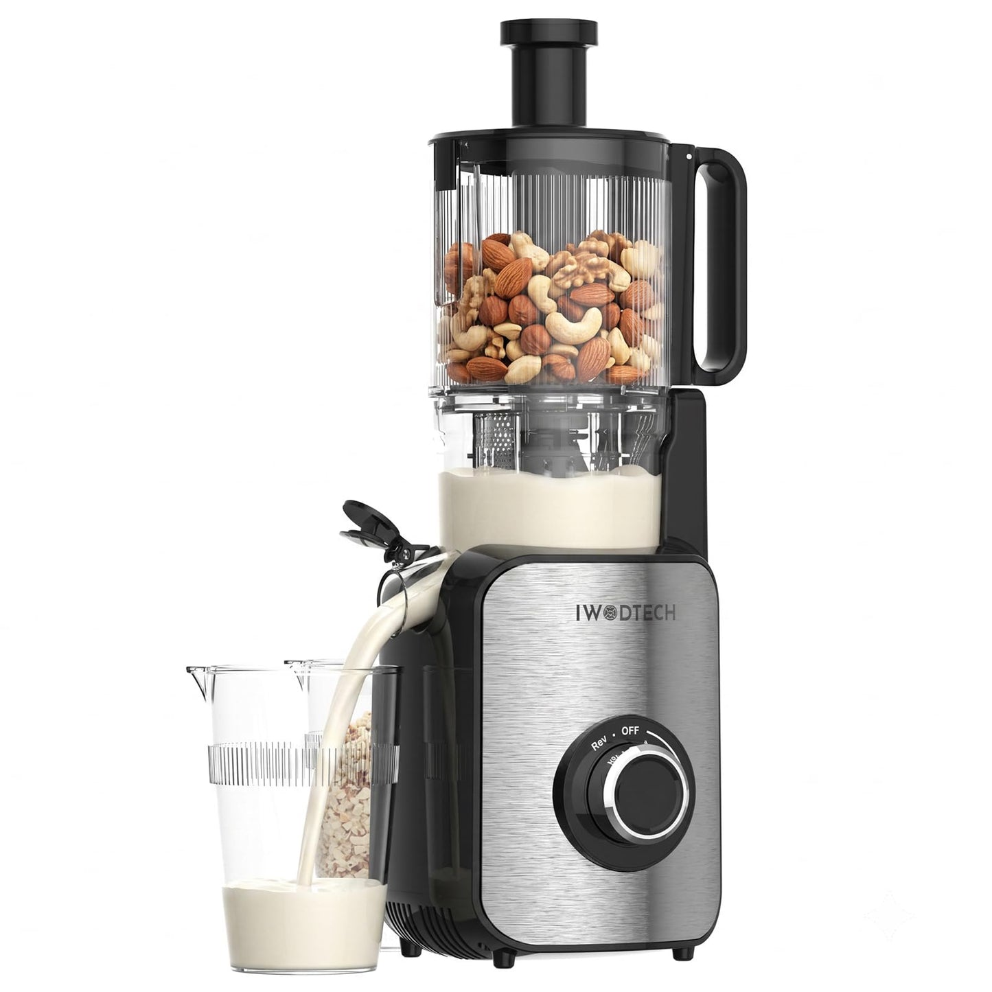 IWODTECH Cold Press Juicer,Stainless Steel Material,Juicer Machines with 5.0Inch Wide Feed Chute,Slow Masticating Juicer for Vegetables and Fruits with High Juice Yield,Large Auger,Easy to Clean