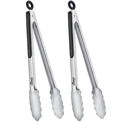 Hotec Stainless Steel Kitchen Tongs, Set of 2-12", Locking Metal Food Tongs for Cooking, Serving, BBQ, Grill Non-Slip Grip