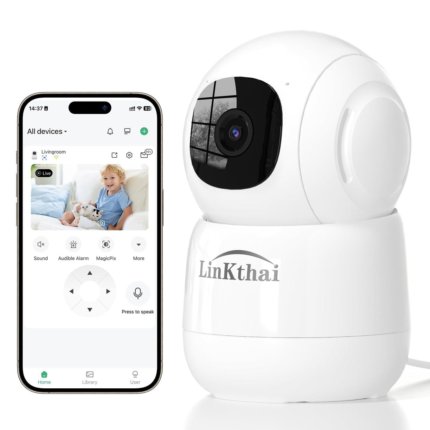 Linkthai Camera for Home Security, 4MP Pet Camera with Speaker for Dog/Cat, WiFi Camera Indoor Wireless Home Security with Phone App, Auto Tracking/Super Night Vision/2 Way Talk, Cloud/SD Card Storage