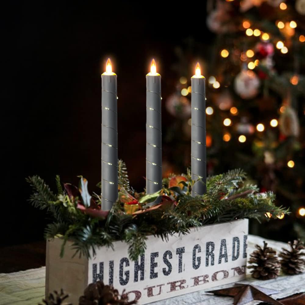 Flameless Candle, (Conical) Patented Starlight String, LED Candle, 11-Key Timing Remote Control, Battery Powered, Dance Flicker Flame, 6 Packs, Christmas Wedding Home Decor(Dark Gray)