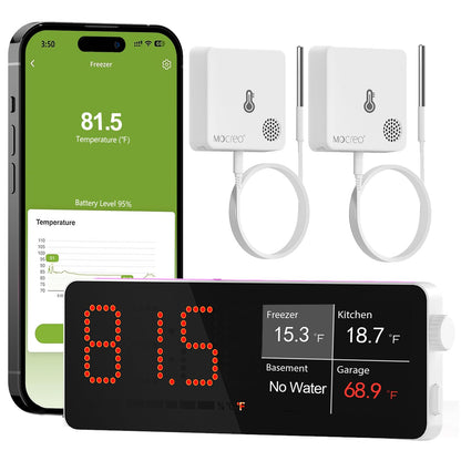 WiFi Freezer Thermometer Alarm with Digital Monitor Hub, App and Email Alerts, 2-Year Data Export, 2 Remote Temperature Sensors for Refrigerator, Fridge, Freezer