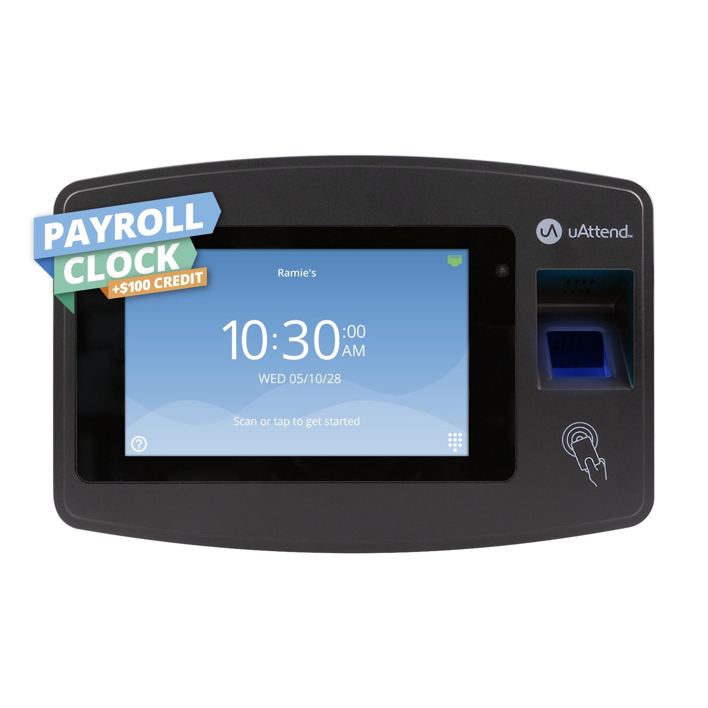 uAttend JP2000 Payroll Time Clock – Cloud Payroll Engine with Biometric & RFID, Time & Attendance System, Faster Payroll - $100 Payroll Fees Credit