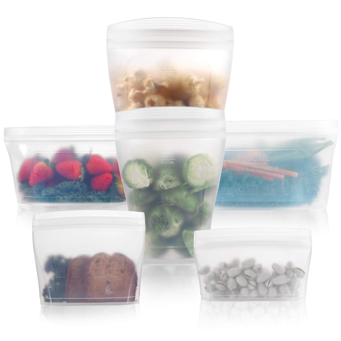 Reusable food container silicone bag, Upgrade second generation 6 Pcs Zip Containers Storage, 100% Silicone Reusable Food Bag, Stand Up Preservation Bag, Rounded interior for easy cleaning.