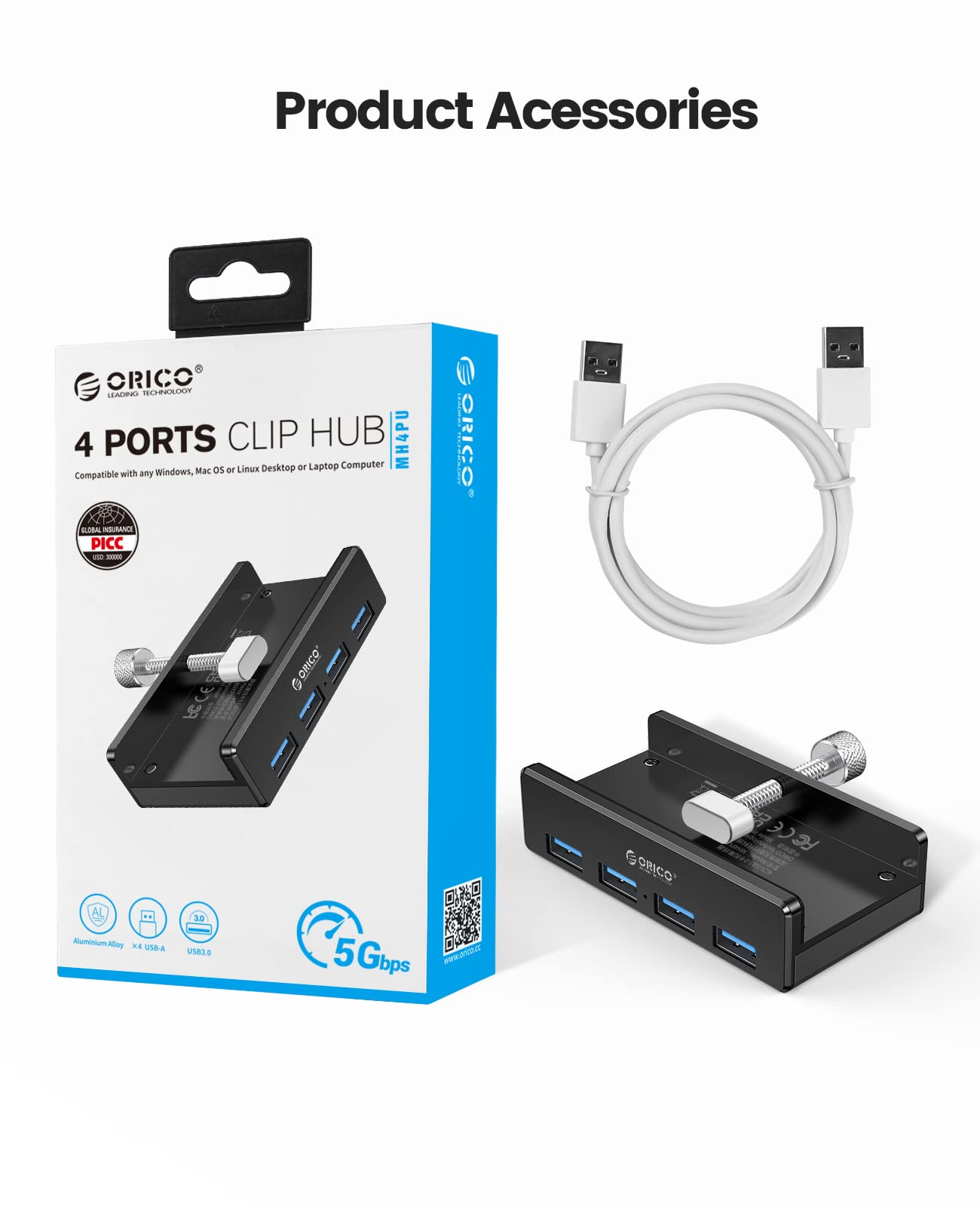 ORICO USB 3.0 Hub, USB Hub Clamp, Aluminum 4-Port USB Splitter with Extra Power Supply Port and 4.92 FT USB Data Cable, Desktop Powered USB Hub for Monitors/Desks-Black (Without Power Adapter)