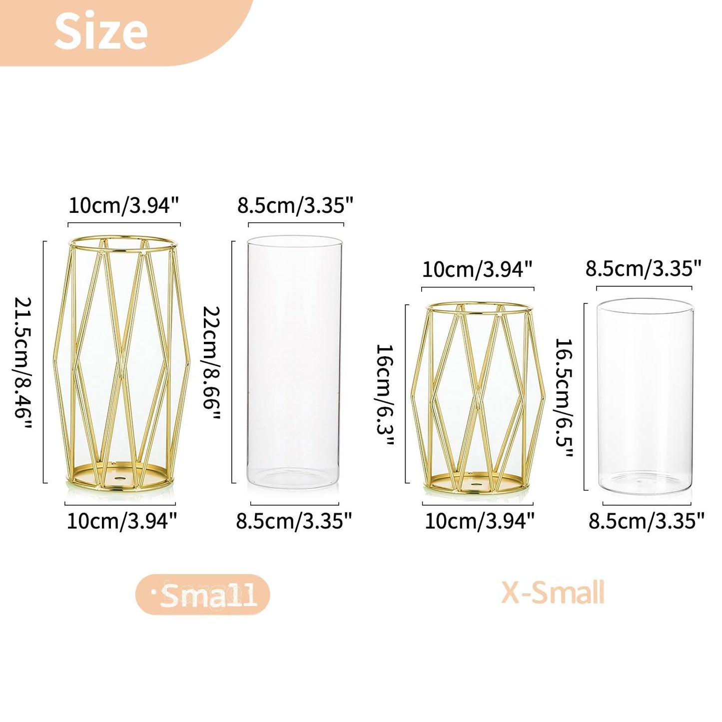 Nuptio Gold Pillar Candle Holder: Glass Hurricane Candles Holders with Geometric Metal Rack Stand for Wedding Birthday Party Centerpieces - Decorative Flower Vase for Office Living Room