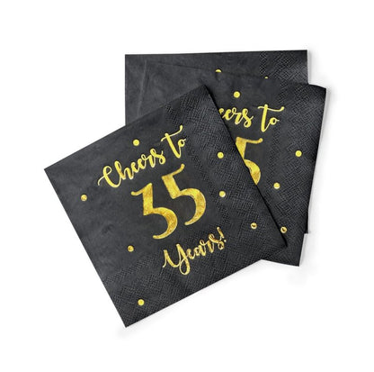 Cheers to 35 Years Cocktail Napkins | Happy 35th Birthday Decorations for Men and Women and Wedding Anniversary Party Decorations | 50-Pack 3-Ply Napkins | 5 x 5 inch folded (Black)