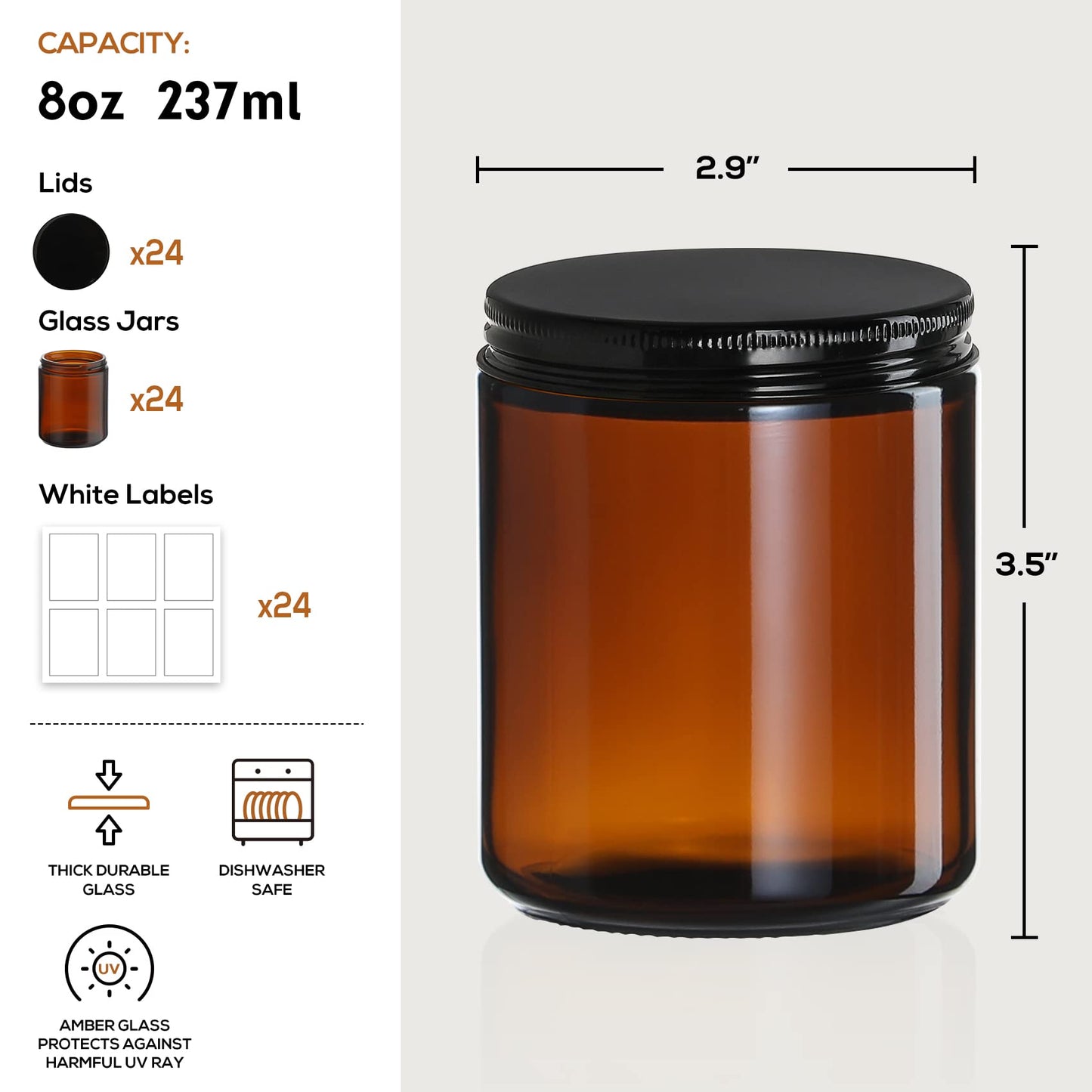 24 Pack, 8 OZ Thick Amber Candle Jars for Making Candle - Round Glass Jars with Lids - Empty Food Storage Containers, Canning/Mason Jar For Spice, Powder, Liquid, Sample - Leakproof & Food Grade