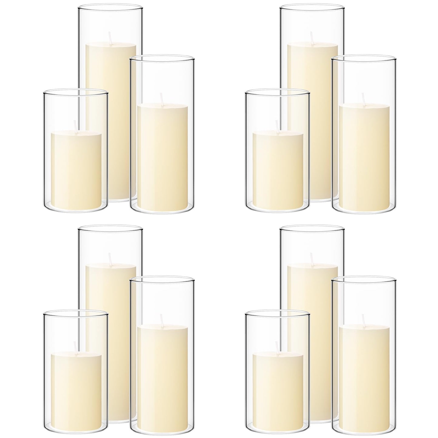 Shihanee Set of 12 Pillar Candles and Glass Cylinder Vases Clear Cylinder CandleHolders for Slim Pillar Candles Wedding Centerpieces(2.6''x 4.7'', 5.9'', 7.9'',Ivory White)