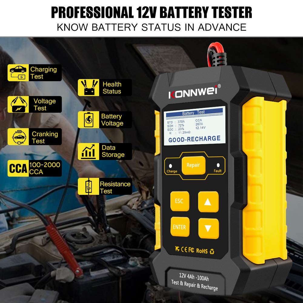 KONNWEI 3 in 1 Car Battery Charger, KW510 Battery Tester 12V 5-Amp Fully Automatic Smart Charger Automotive Pulse Repair Maintainer, Trickle Charger Battery Desulfator w/Temp Compensation