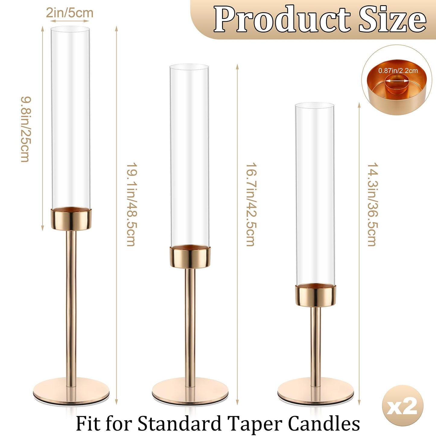 Gold Hurricane Candle Holders, Set of 6 Glass Taper Candlestick Holders Metal Candle Stands Bulk with Glass Cover for Dining Tables Wedding Candelabra Centerpieces Decor