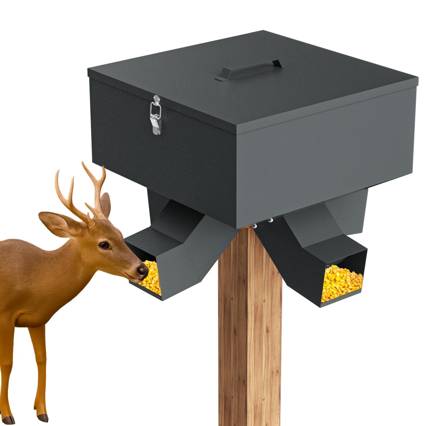 Portable 80LB Gravity Deer Feeder, Heavy Duty Metal Wildlife Feeder with 4 Feeding Ports, Weatherproof for Hunting & Backyard Game