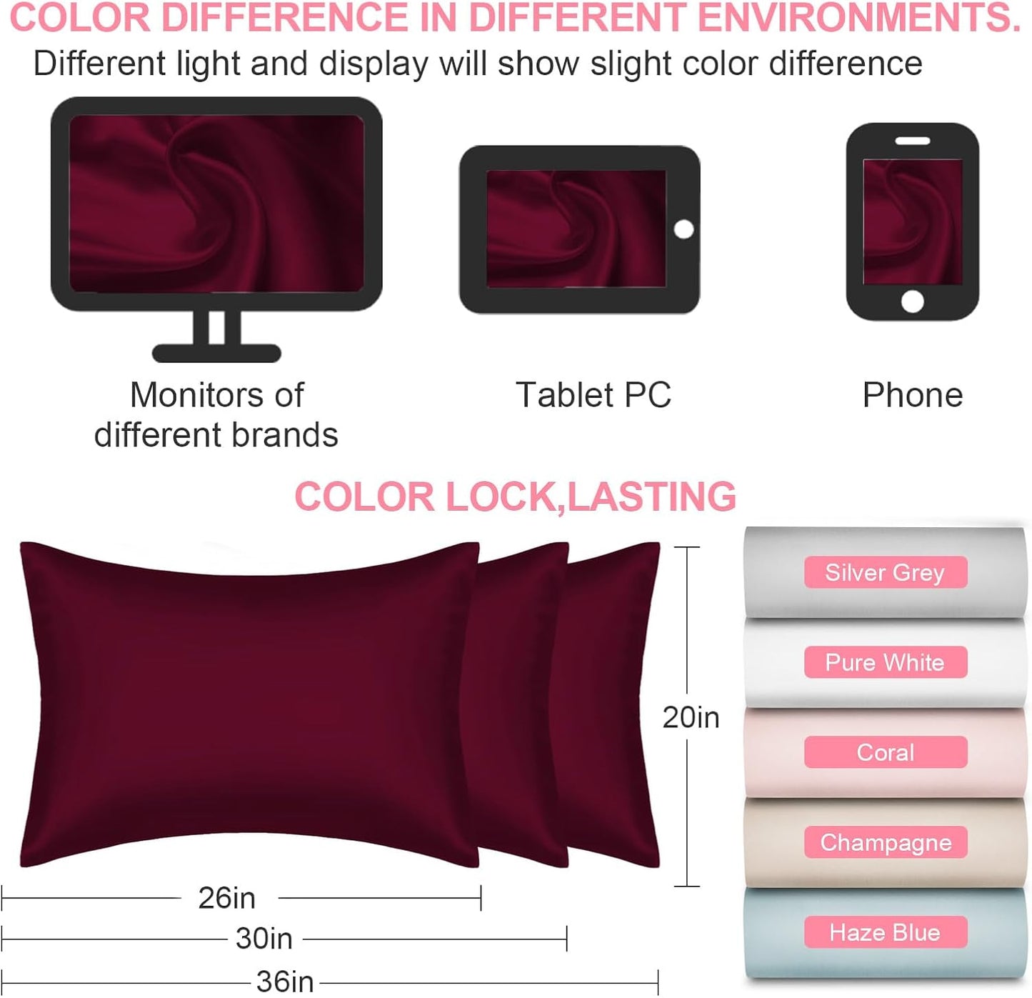 Skiennix Mulberry Silk Pillowcases - King Size Set of 2 | Hidden Zipper, Soft & Breathable, Burgundy Red