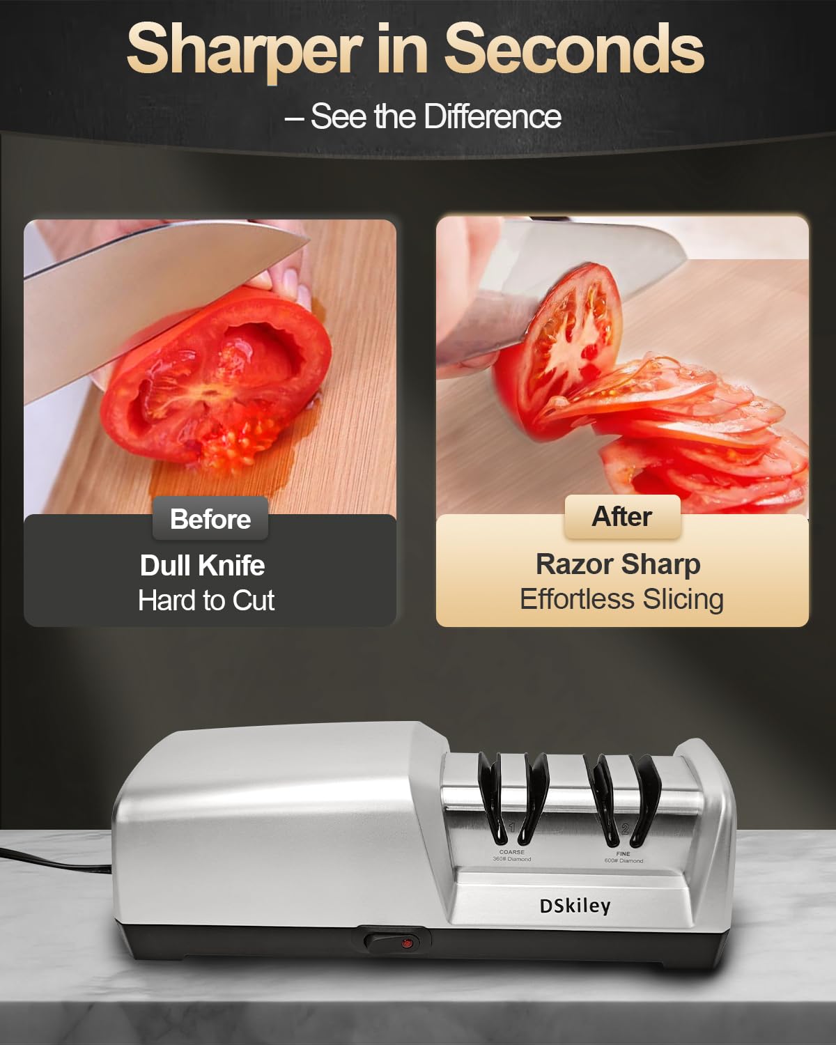 Electric Knife Sharpener for Kitchen – Professional 2-Stage 100% Diamond System with 20° Precision Angle, Fast Sharpening to Restore & Polish Chef Knives (2-Stage Silver)