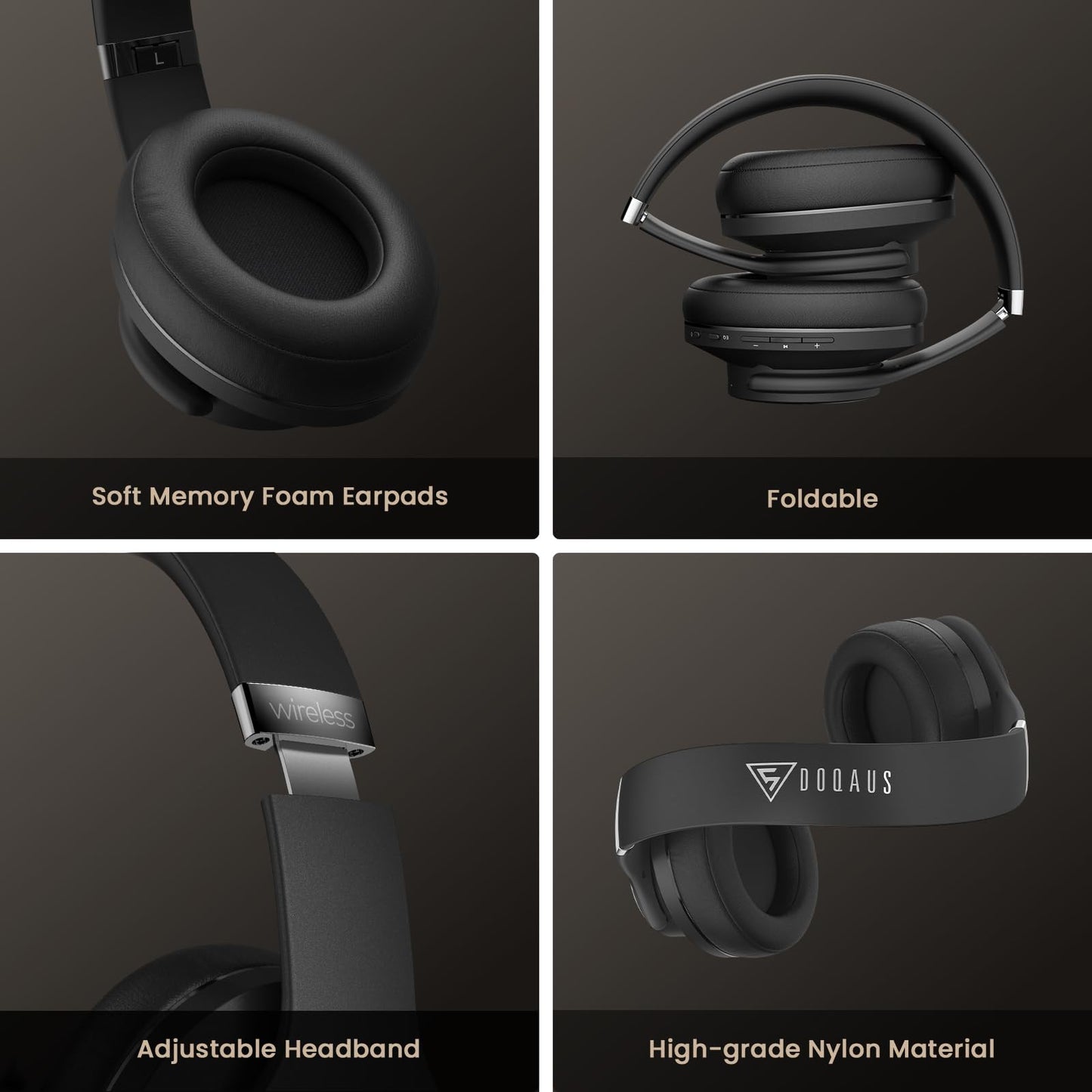 DOQAUS Bluetooth Headphones Over Ear, 90H Playtime Wireless Headphones with App Control, 9 EQ, Deep Bass, HiFi Stereo Sound, Headset for Travel Commute Gym and Study, Foldable Memory Foam