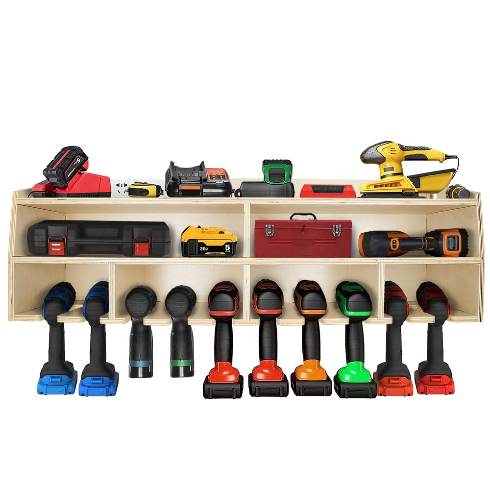 Pro Lift Cordless Drill Organizer – wall mount power tool storage rack, 10 hanging slots, wooden M-005W