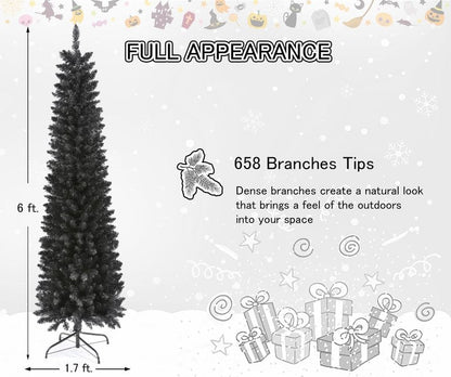 658 Tips Artificial Pencil Christmas Tree Halloween Tree, 6ft Pure Black Skinny Xmas Tree with Metal Stand Perfect for Christmas/Halloween/Easter/Parties/Holiday Indoor Outdoor Decoration