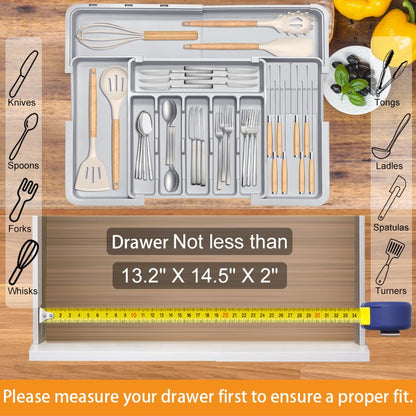 Homecor Silverware Organizer - Expandable Large Kitchen Drawer Organizer Utensil Organizer with 2 Removable Knife Blocks, 22"x 19"Cutlery Tray Drawer Dividers for Kitchen Flatware(6-9 Slots) (Black)
