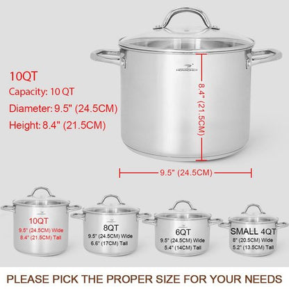 HOMICHEF 10 Quart Stock Pot With Glass Lid - Nickel Free Stainless Steel 10 Qt Pots With Handle - Mirror Polished StockPot 10 Quart - Induction Cooking Pots With Lid - Healthy Soup Pot