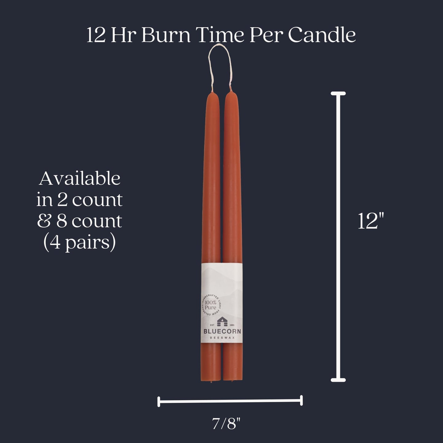 Bluecorn Beeswax Taper Candles, 100% Pure Natural Bees Wax, Pair of 12 Inch Terracotta Tapered Candlesticks, Clean Burning & Dripless, Fragrance Free, Long Lasting, Home Decor, American Made, 1 Count
