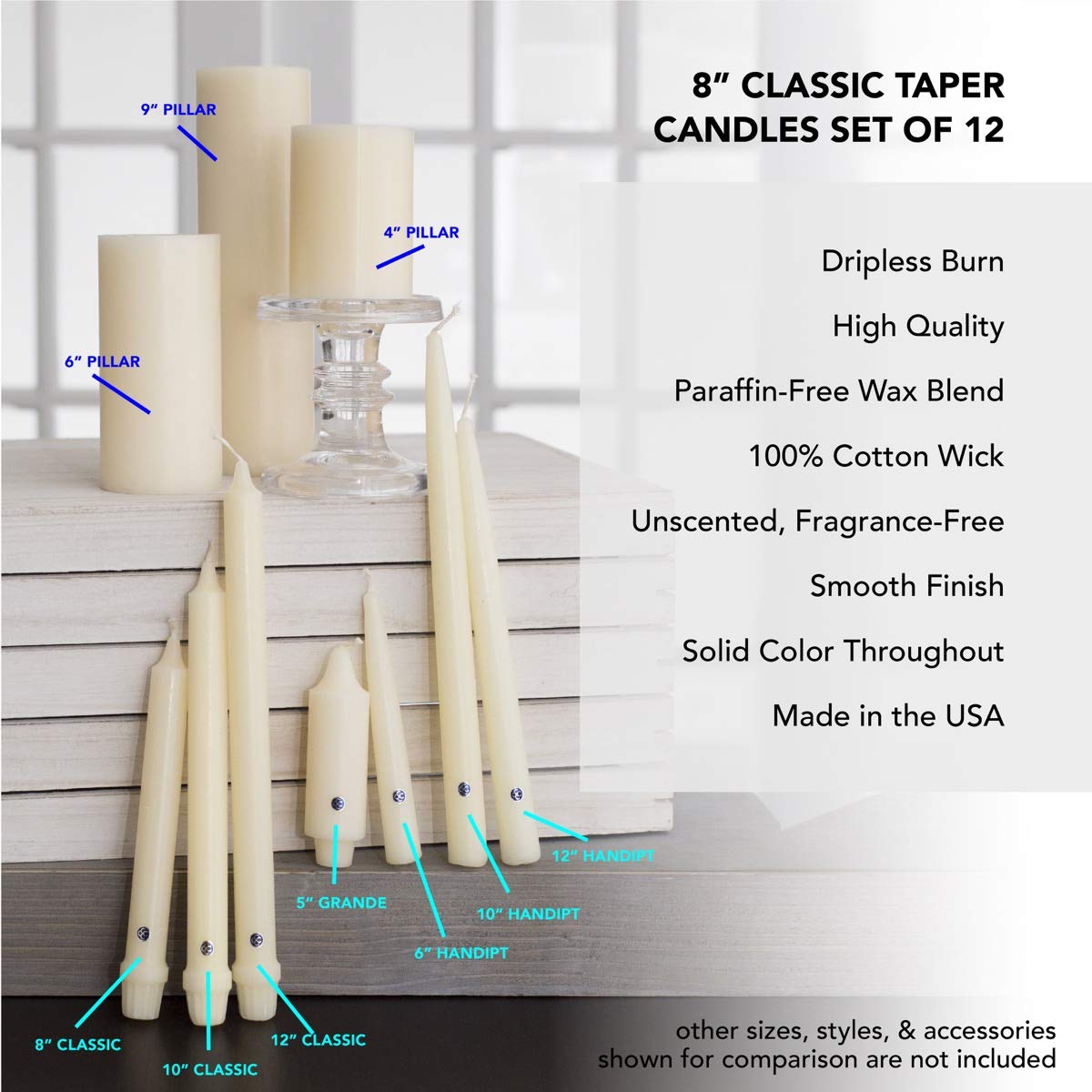 Colonial Candle Unscented Taper Candle, Classic Collection, Black, 8 In, Pack of 12 - Up to 6 Hours Burn