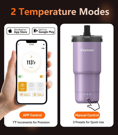 Kepwam Smart Tumbler T3 –20oz Self-Heating Travel Mug Ultra-Long Battery Life, App-Controlled Heated Coffee Mug, Stainless Steel Tumbler, Coffee Warmer Mug for Outdoor Fits Car Cup Holders