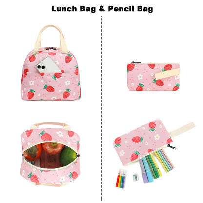 Xunteny Strawberry Girls School Backpack for Kids Teens, Elementary Middle School Backpacks Bookbag Set with Lunch Bag Pencil Case