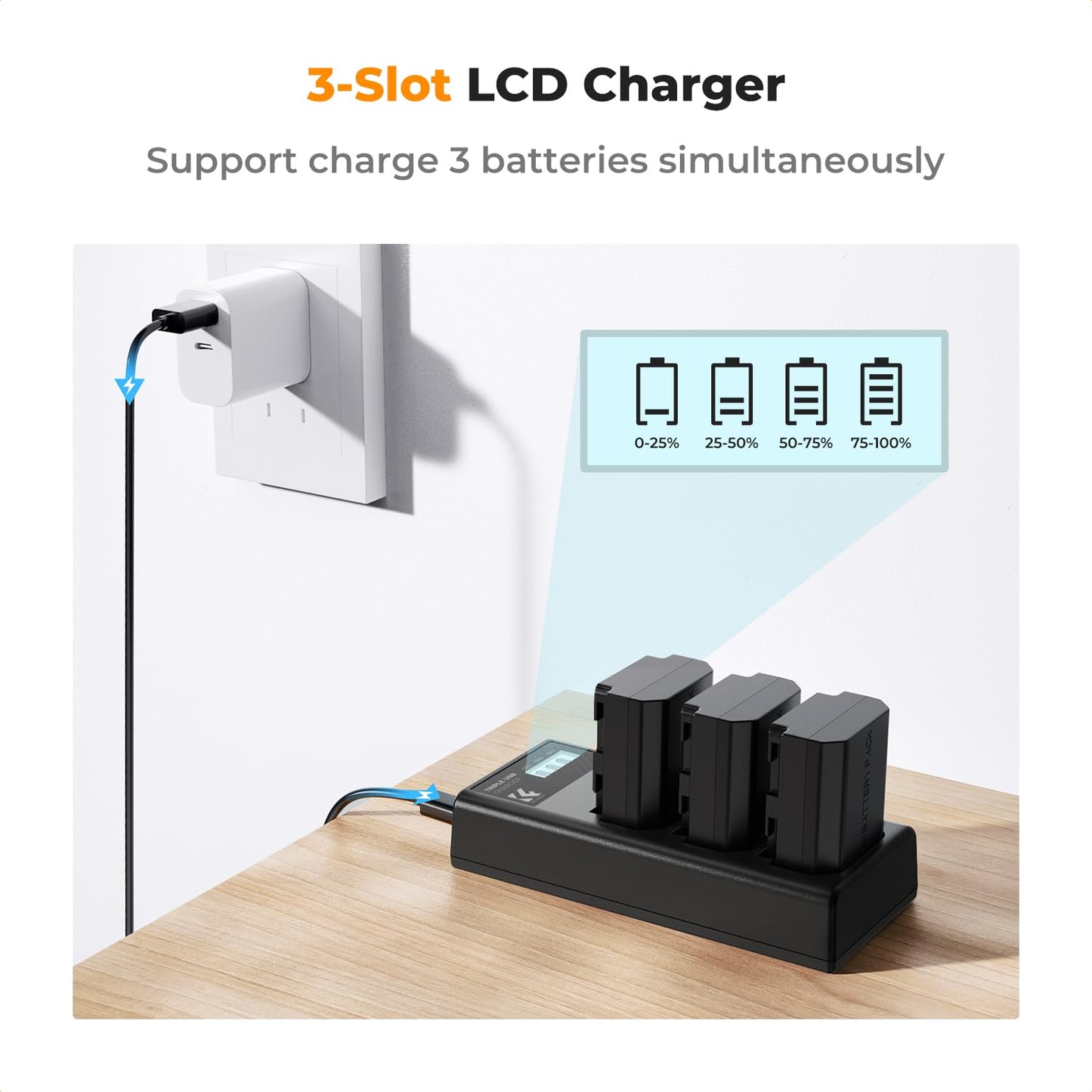K&F Concept 3-Pack NP-FZ100 Battery and Upgraded LCD Battery Charger Compatible with Sony A7iii, A7iv, A7C, FX3, FX30, A9, A6600, A6700, ZV-E1, ZV-E10ii, Alpha 9, A9S, A7R III, A7R IV, A7RV, 2280mAh