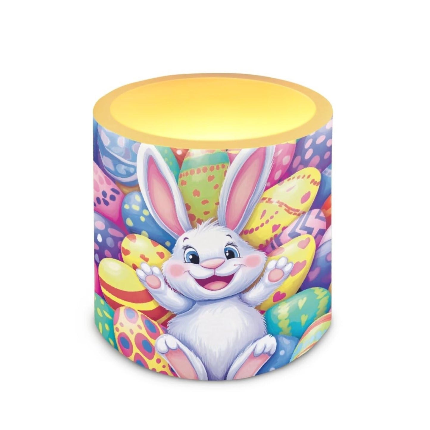Merkmak Pack of 4 Flameless Candles with Timer Battery Operated Candles with Remote, Easter Eggs Cartoon Bunny Print LED Pillar Tea Lights for Easter Day Patio Banquet Home Decoration