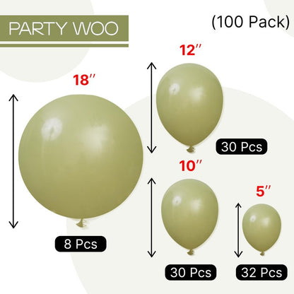 PartyWoo Sage Green Balloons 100pcs Different Sizes of 18 12 10 5 Inch Olive Boho Green Latex Balloon Arch Kit for Wedding Birthday Dinosaur Jungle Golf Football Theme Party Decorations Green-F11