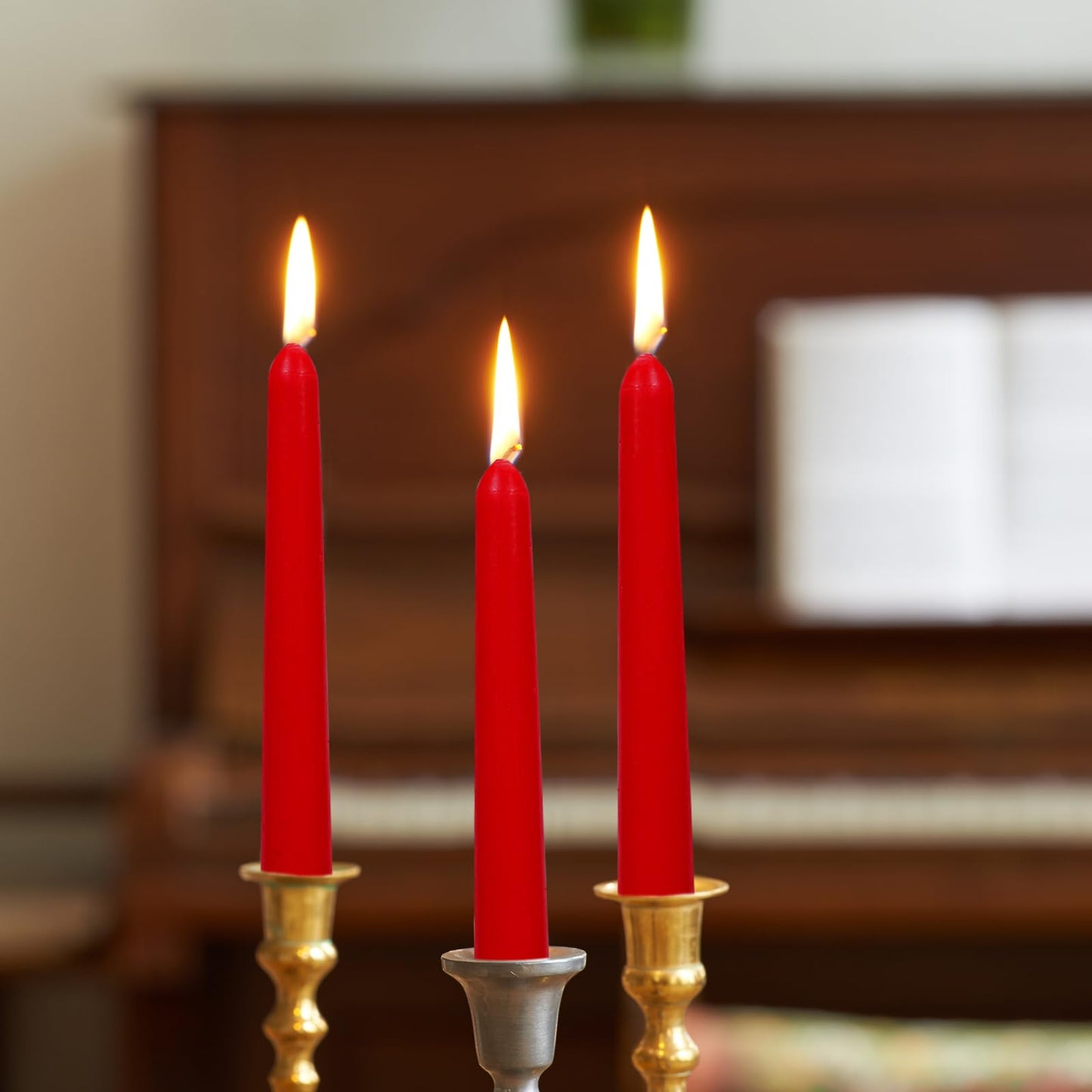 TONGKAE Taper Red Candles, Set of 4, Unscented, Smokeless, Dripless, 10 inches, Cotton Wick, 7-8 Hours Burn Time, for Dinner, Wedding, Party, Holiday, Religious Events, Home Decor