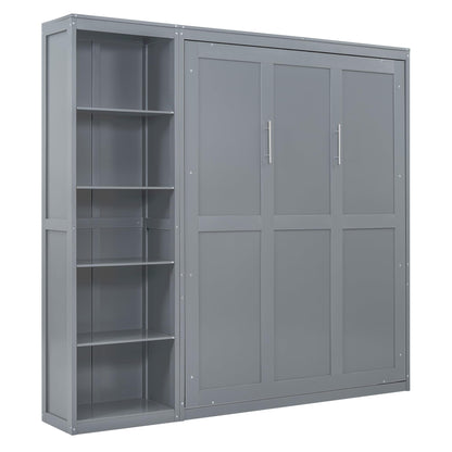 PacknWood Acosure Queen Size Murphy Five-Layer Cabinet,Solid Wood Storage Hidden Wall Beds Frame,W/Dual Piston Metal Folding Mechanism Designed,Space-Saving,for Home Office,Study,Guest Room,Gray