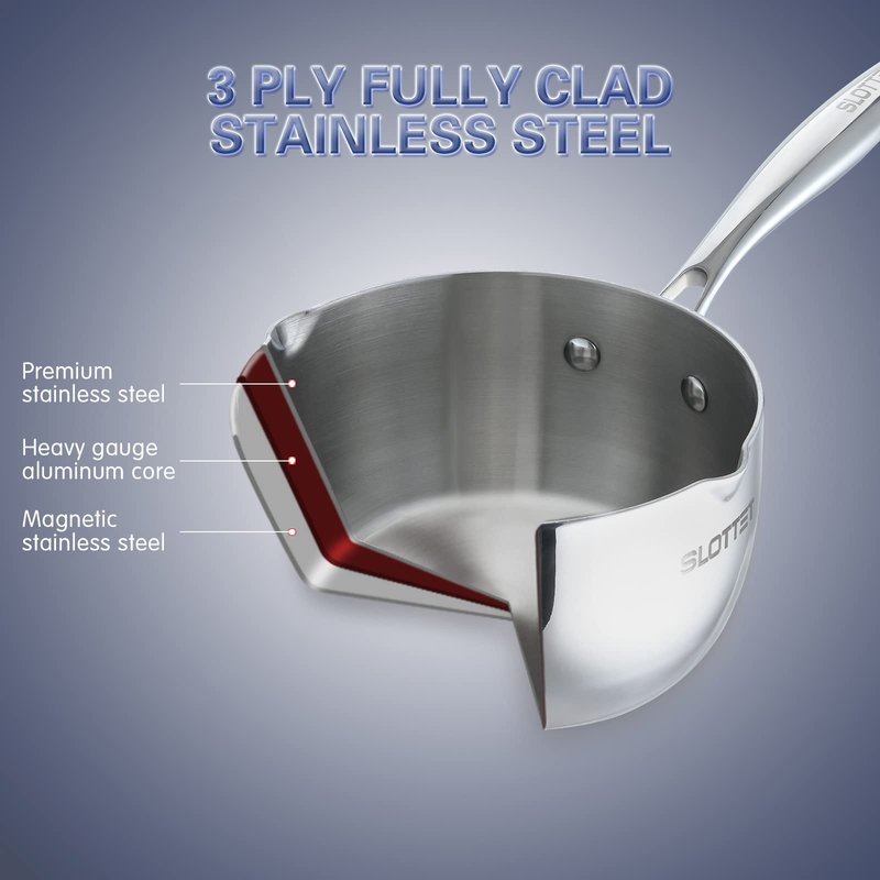 SLOTTET Tri-Ply Full Body Stainless Steel Sauce Pan with Steamer,1.5 Quart Small Multipurpose Pasta Pot with Strainer Glass Lid, Saucepan with Pour Spout for Cooking Stay-cool Handle.
