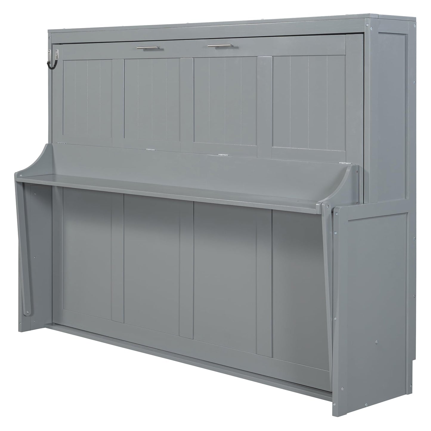 Merax Murphy Bed Queen Size with Desk, Wood Folding Wall Bedframe with Smooth Hydraulic Lift, for Small Bedroom, Guest Room, Home Office, Grey