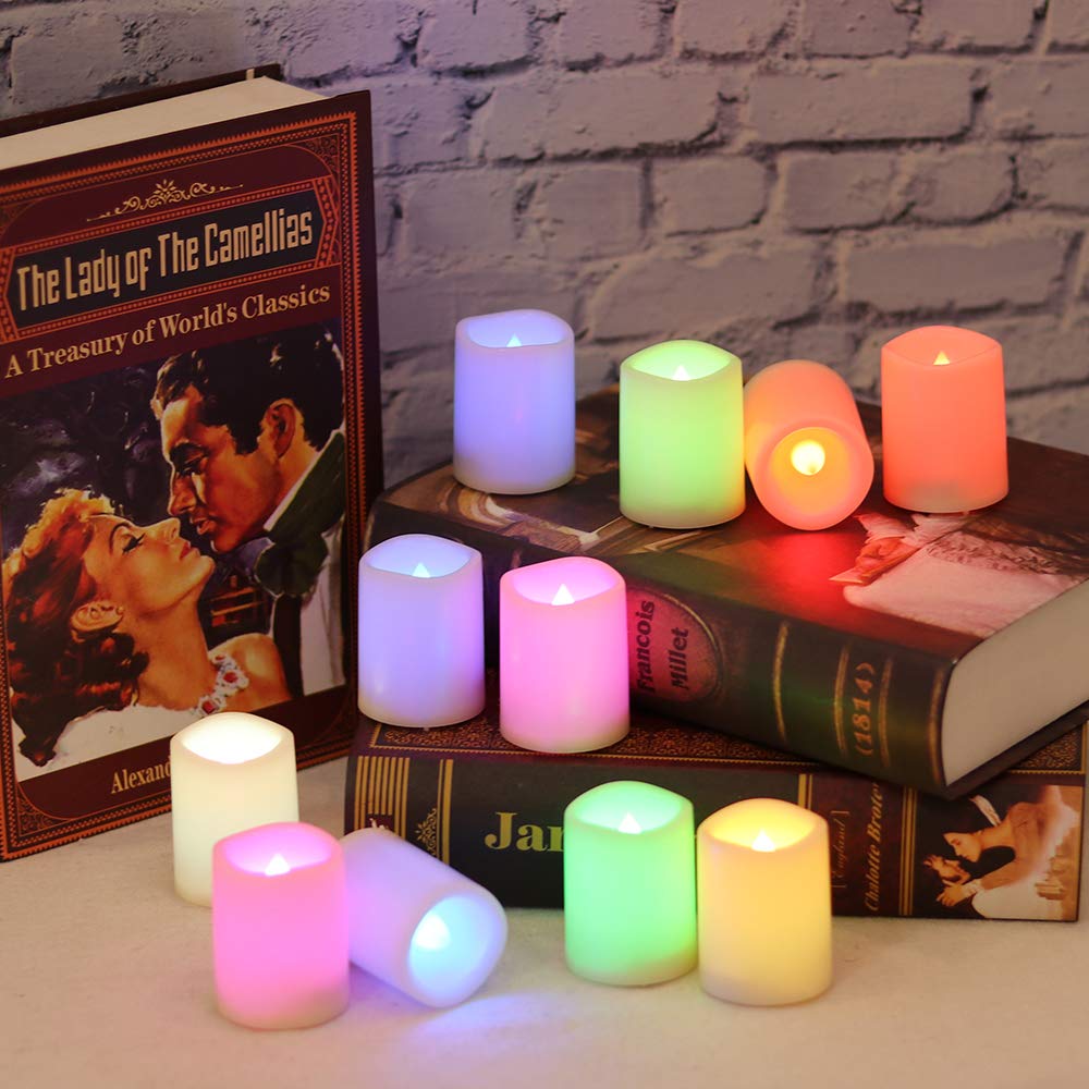 DRomance Color Changing Flameless Votive Candles with Remote and Timer, Battery Operated White LED Flickering 12 Pack Halloween Christmas Decor (1.5 x 2 Inches)