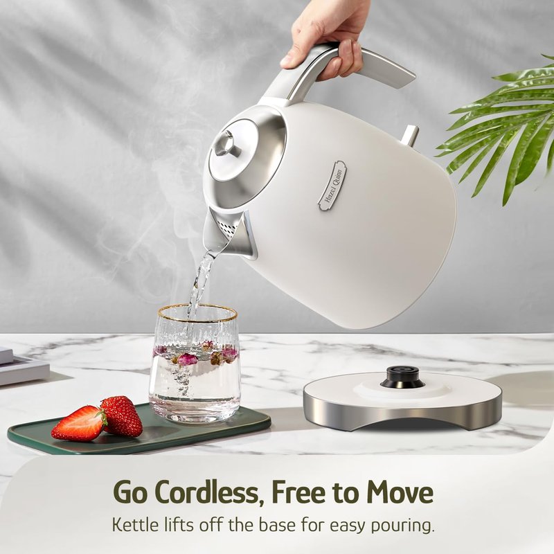 Hazel Quinn Electric Kettle - 1.7 Liters (57oz) Stainless Steel Water Kettle, BPA-Free Interior, 1200W Fast Boiling, Cordless, Rotational Base, Automatic Shut Off & One-Touch LED - Pearl White