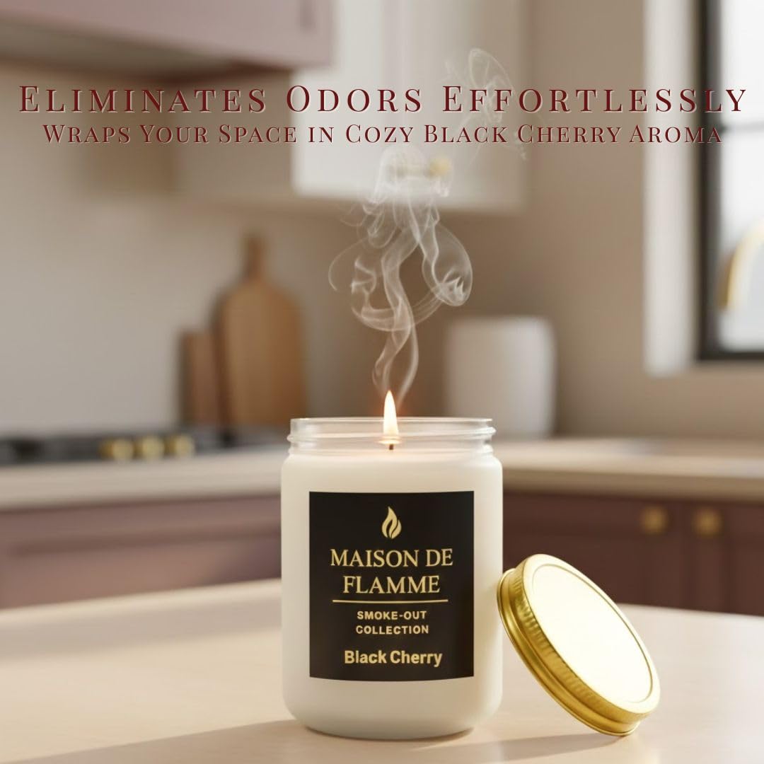 MAISON DE FLAMME Black Cherry Odor-Eliminating Scented Candle, 200g/7oz White Jar – Long-Lasting Soy Wax Blend Candle for Smoke, Kitchen & Home Odors
