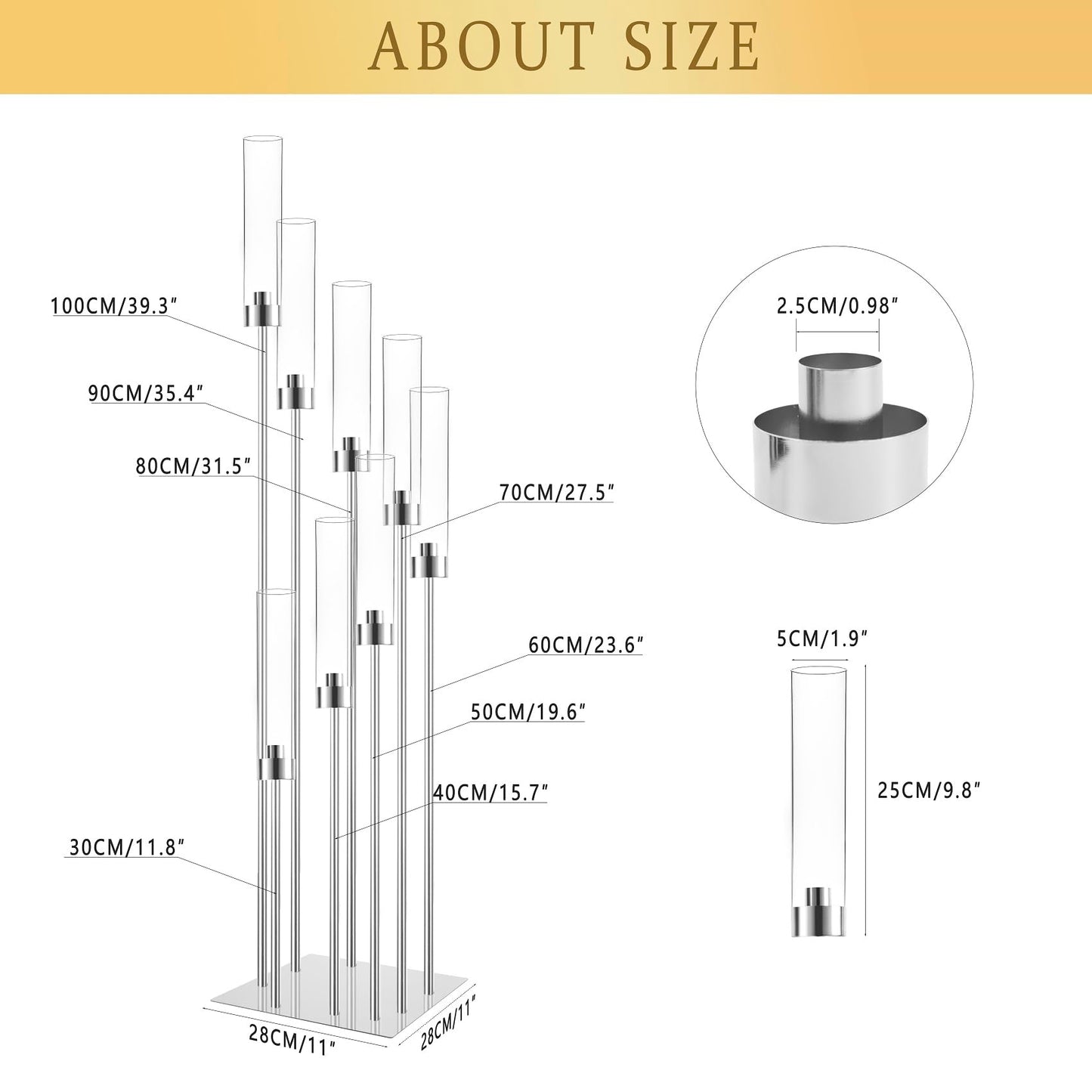 Floor Candle Holder with Acrylic Lampshade, 49.2in Tall Acrylic Candlestick Holder for Taper LED Candles, Silver Candelabra Centerpiece for Table Wedding Party Event Reception Home Decoration (Silver)