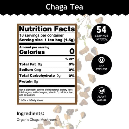 Buddha Teas - Chaga Tea - Organic Herbal Tea - For Cognitive Balance & Overall Health - With Chaga Mushroom, Antioxidants & B Vitamins - Caffeine Free - 100% Kosher & Non-GMO - 18 Tea Bags (Pack of 3)