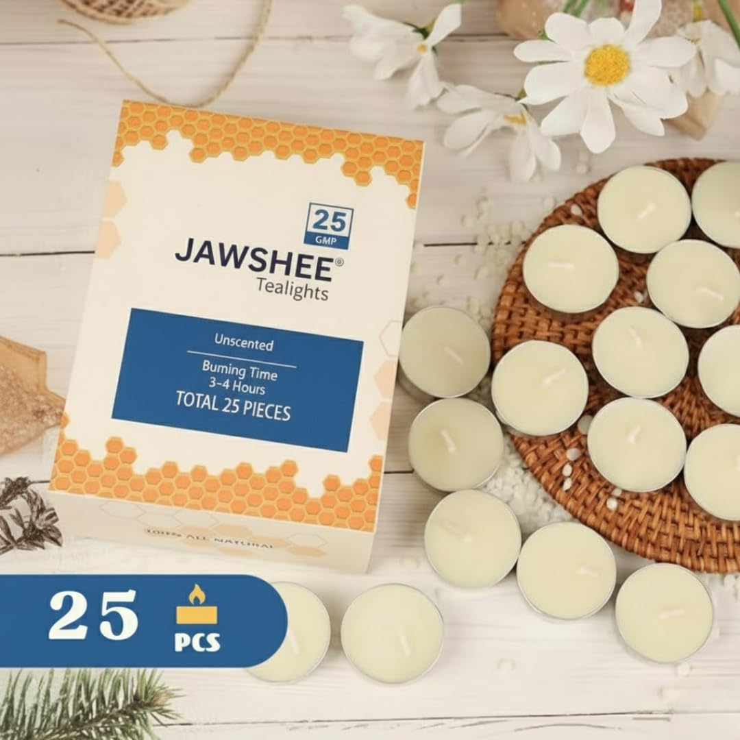 JAWSHEE Tealights, Pack of 25 Unscented Tealight Candles, with 3-4 Hours Burning Time, Odorless, Smokeless and Dripless Decorative Candles